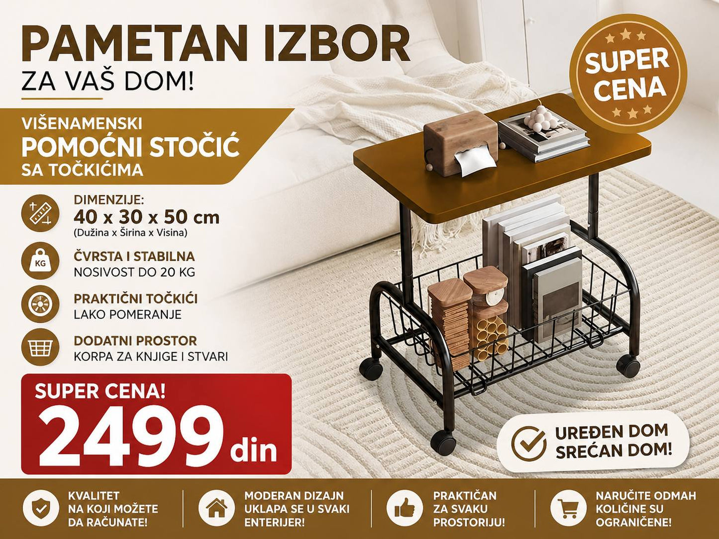 Stočić sa točkićima i korpom za odlaganje