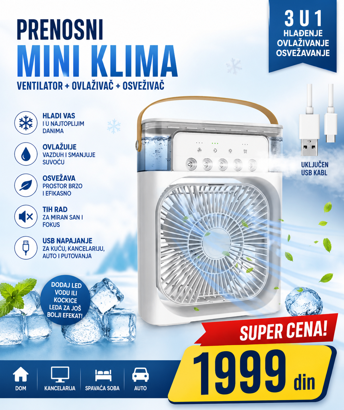 Prenosiva mini klima ventilator 3u1