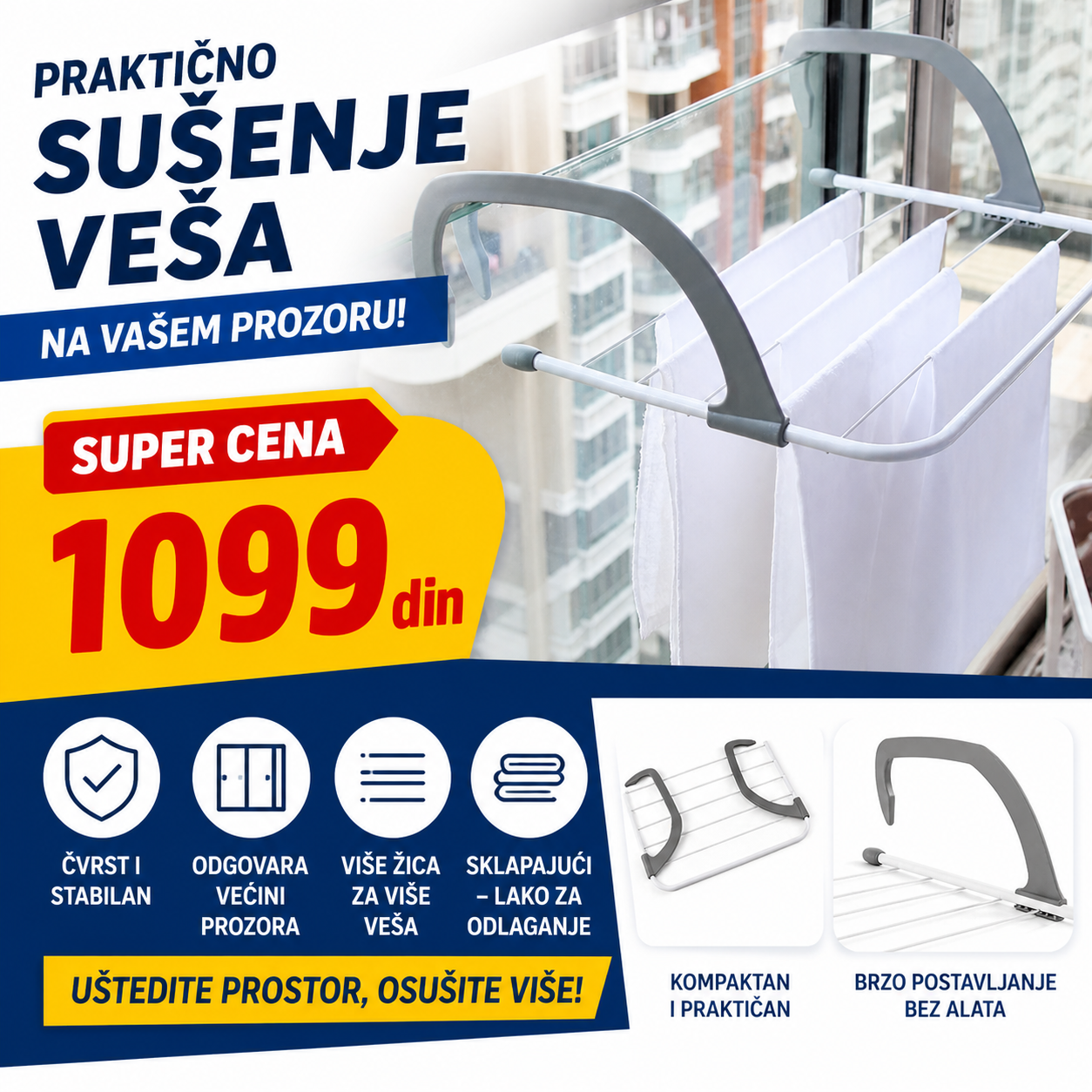 Sušilica za sušenje veša na prozoru, terasi ili radijatoru