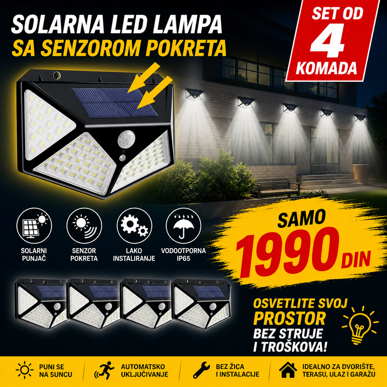 Solarni reflektor za dvorište i baštu sa 100 LED dioda set 4 komada