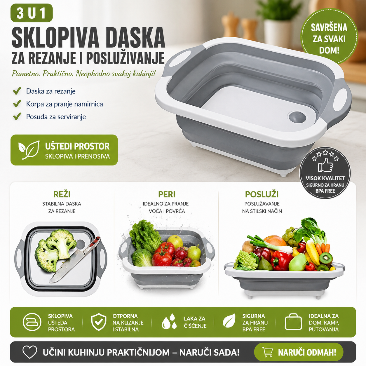 2 u 1 Sklopiva daska za seckanje i posuda za pranje