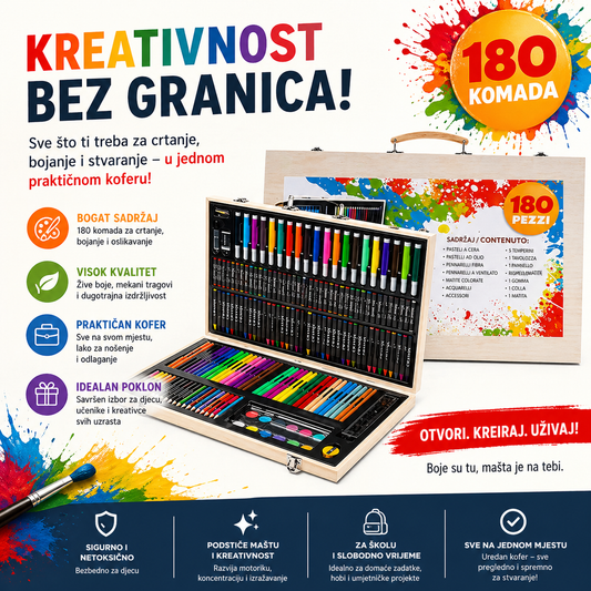 Drveni kofer sa svim priborom za crtanje